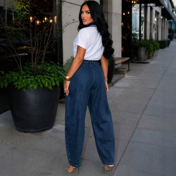 High-Waisted Double-Breasted Loose Wide-Leg Denim Pants for Casual Streetwear