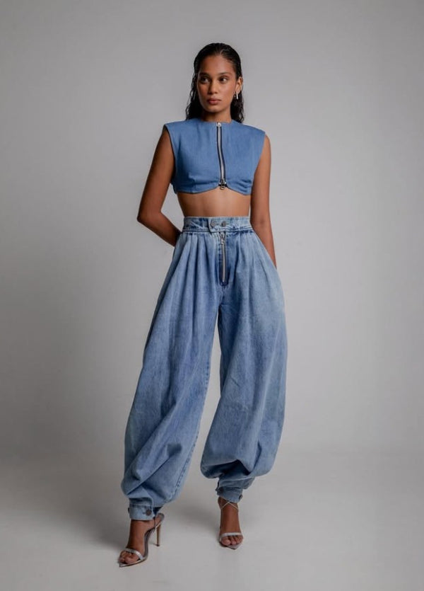 Women's Summer High-Waist Zip Cuffed Casual Loose Denim Pants