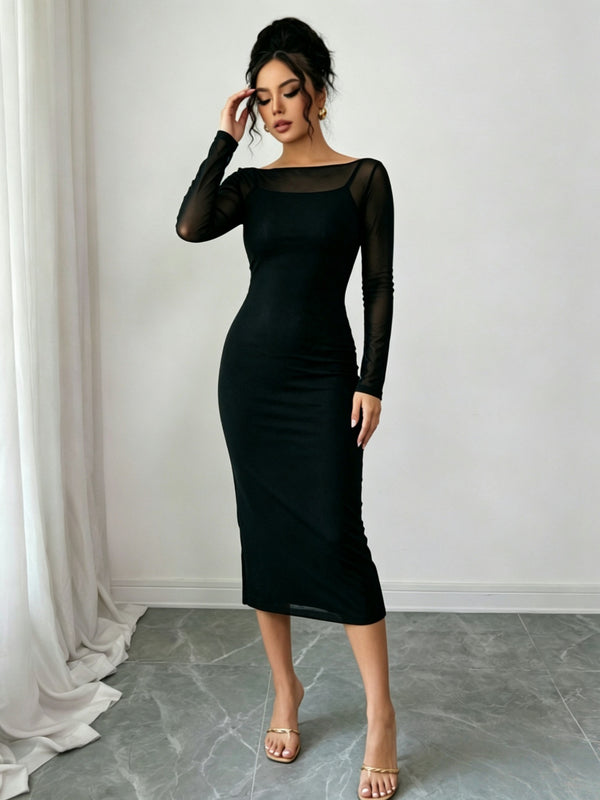 Mesh Off-Shoulder Long-Sleeve Top & Camisole Dress Set