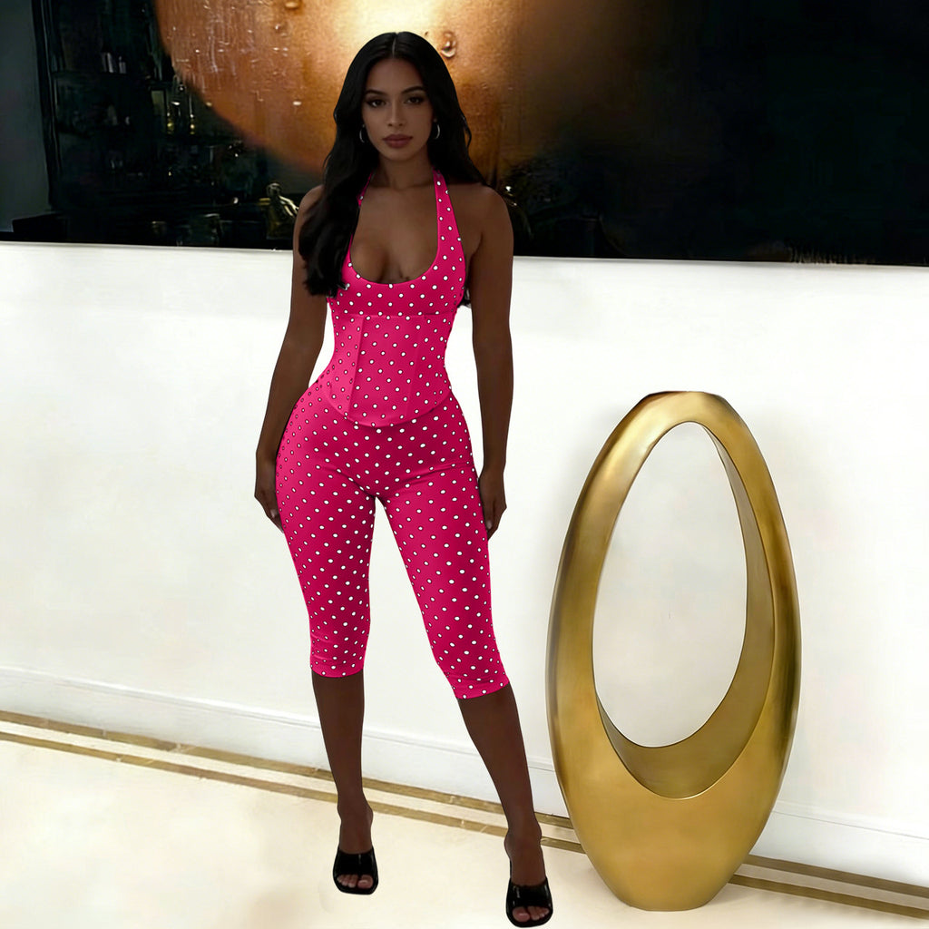 Halter Polka Dot Fishbone Zip Seven-Point Jumpsuit