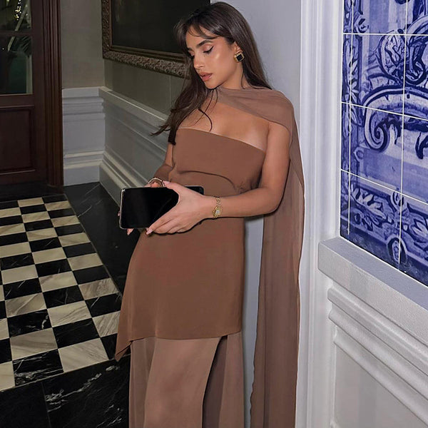 Women Sexy Backless Mesh Patchwork Strapless Scarf Collar Dress Two-Piece Set