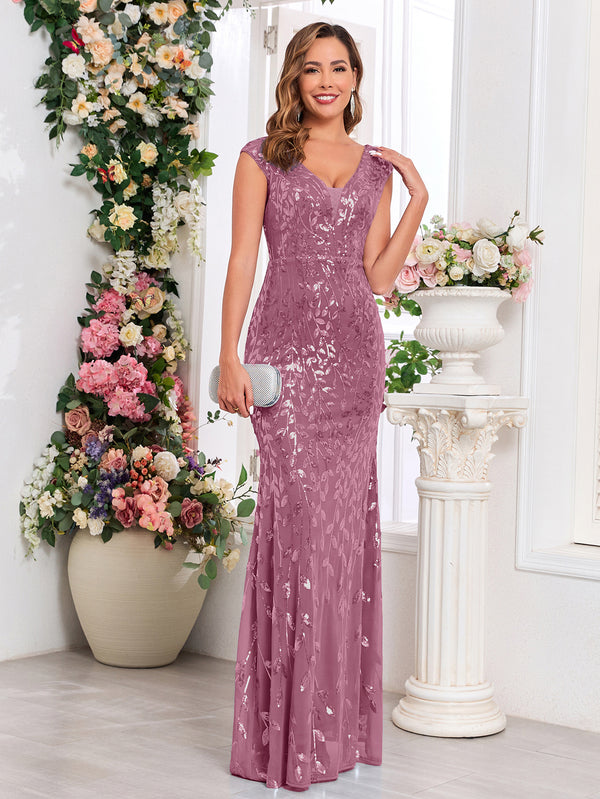 Double V-Neck Stretch Sequin Lined Evening Dress for Spring & Summer