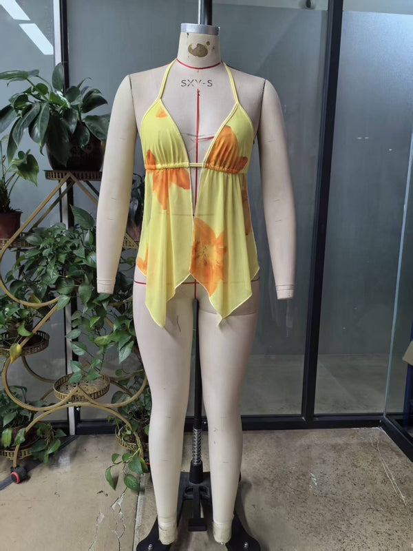 Printed Low Back Halter Lace-Up Camisole Top for Holidays