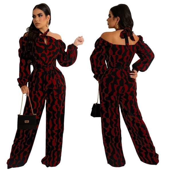 Printed Long Sleeve Halter Neck Jumpsuit for Evening Wear