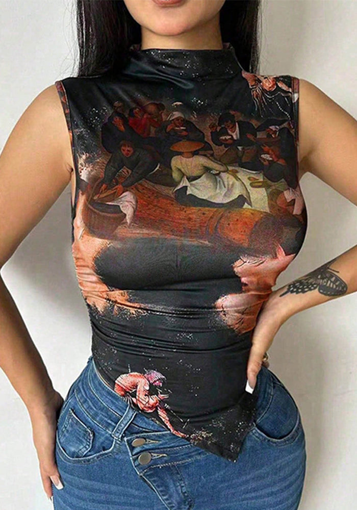 Printed Sleeveless Irregular Hem Top for Casual Outings