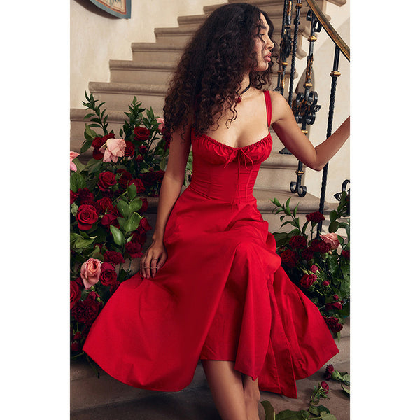 Women Summer Sexy Plunging Solid French Lace-Up Dress