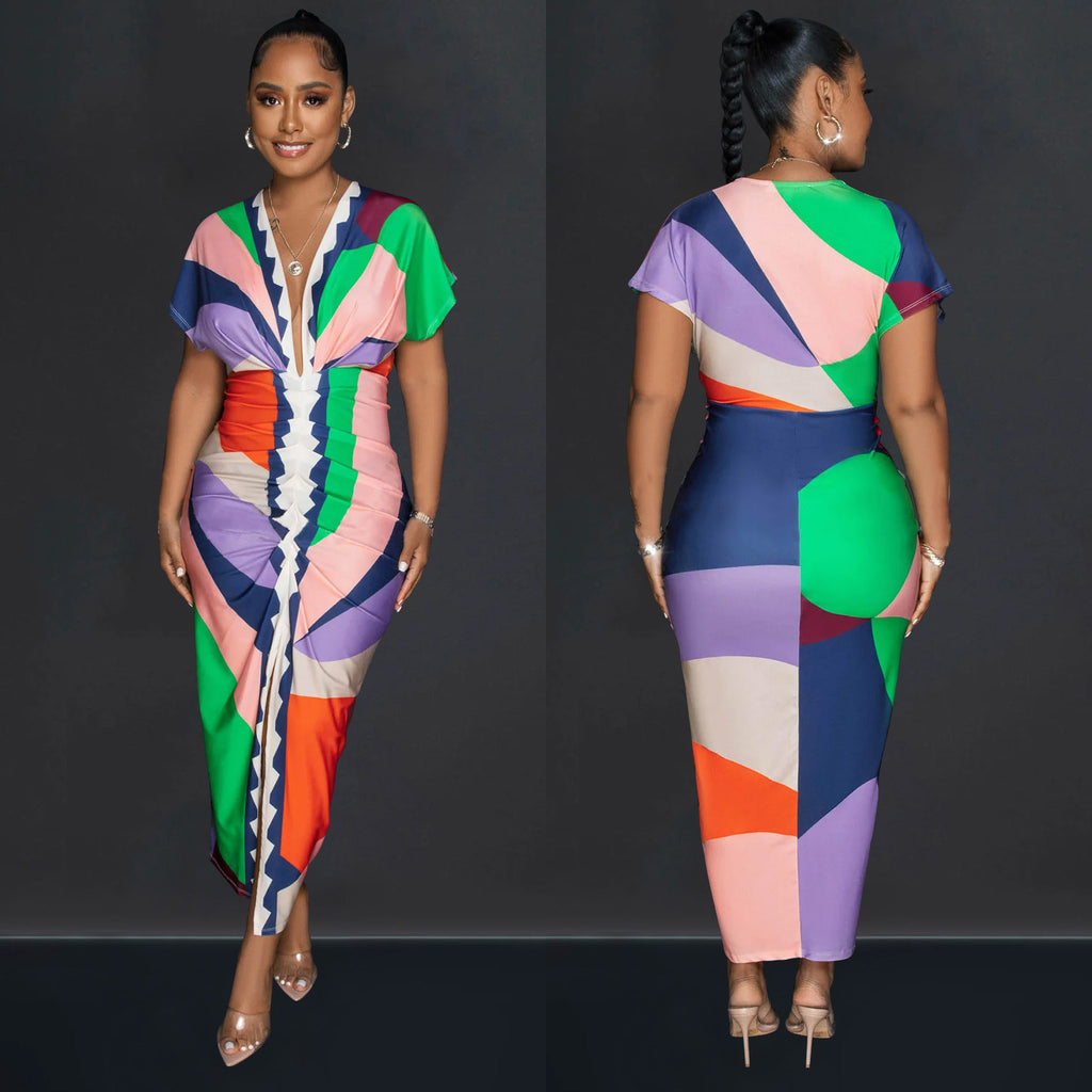 Women v-neck printed slit pleated dress