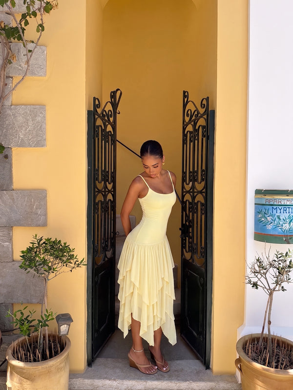 Yellow Strap Dress with Cascading Ruffles for Summer Holidays
