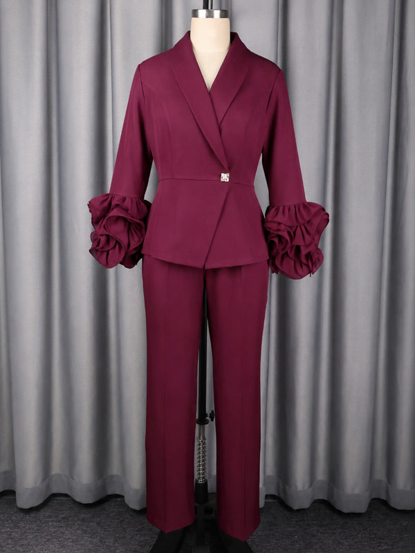 Burgundy Slim-Waist Floral Blazer & High-Waisted Straight-Leg Pants Set for Fall Career