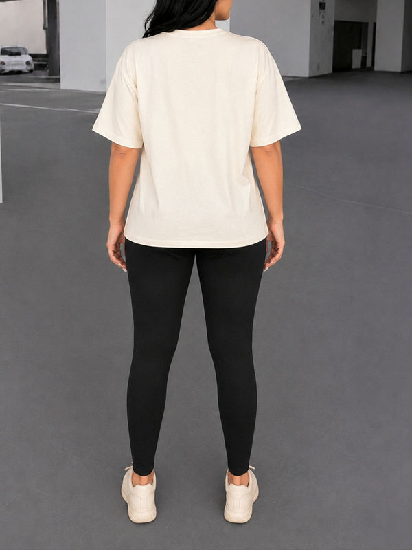 Printed Loose-Fit Short-Sleeve T-Shirt & Tight-Fitting Basic Pants Two-Piece Set for Casual Wear