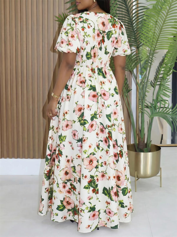 Printed Split Bubble Sleeve Dress for Holiday Vacations