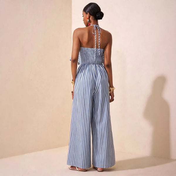 Belted Halter Backless Striped Jumpsuit for Elegant Outings