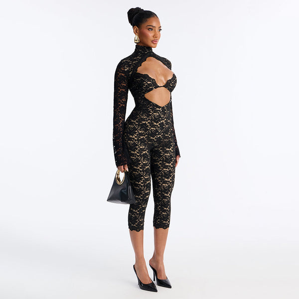 Lace See-Through Mock Neck Long Sleeve Cropped Jumpsuit for Clubwear