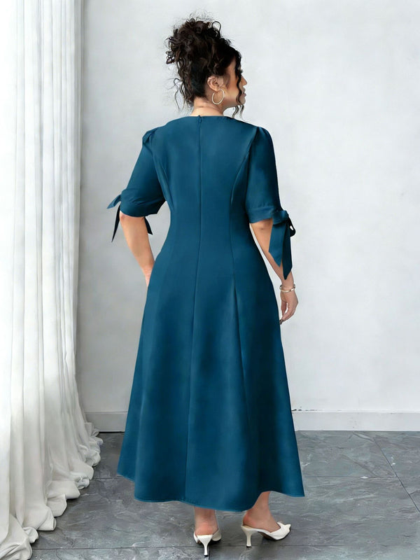 Plus Size Solid V-Neck Tie Button Midi Dress for Elegant Events