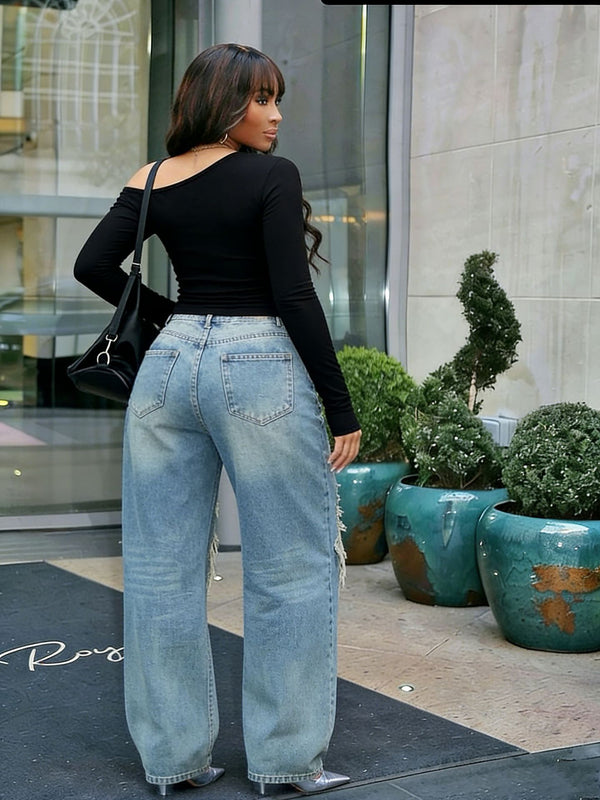 Patchwork Ripped Straight Denim Jeans for Casual Streetwear