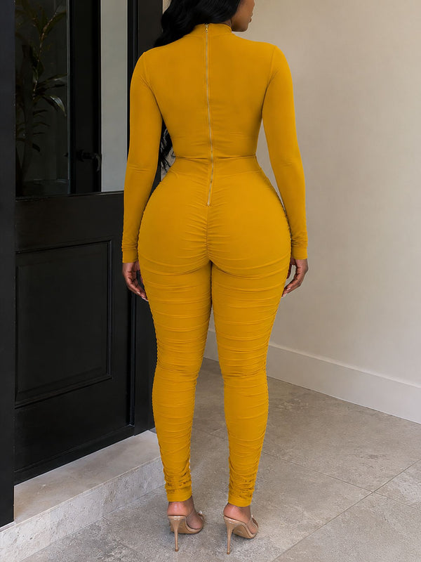 Mesh High Neck Patchwork Long-Sleeve Tie-Waist Ruffled Jumpsuit