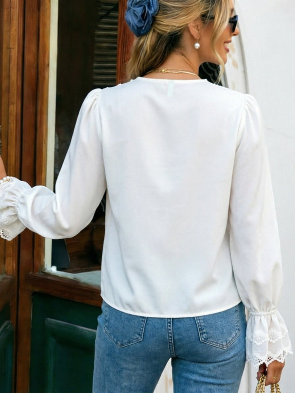 White V-Neck Lace Long-Sleeve Shirt Top for Autumn