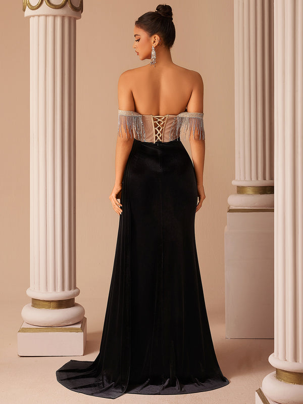 Velvet Tassel Beaded Off-Shoulder Slit Evening Dress for Formal Parties