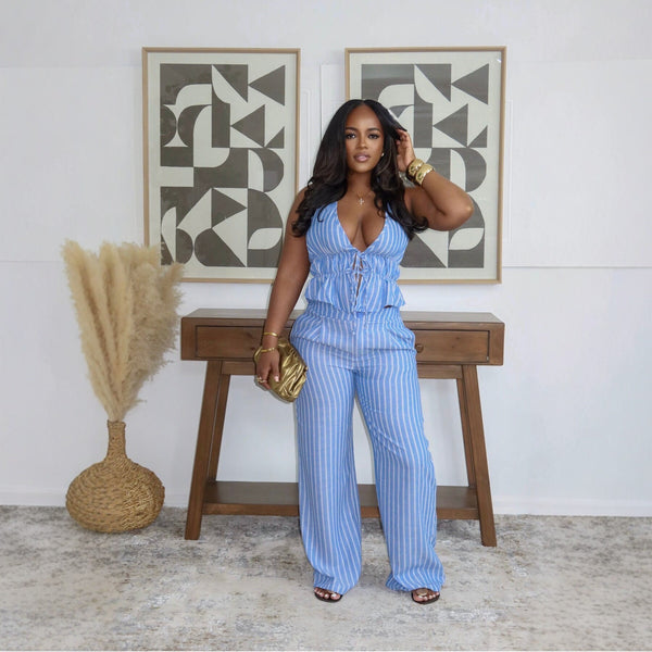 Belted Halter Backless Top & Pants Two-Piece Set for Elegant Events