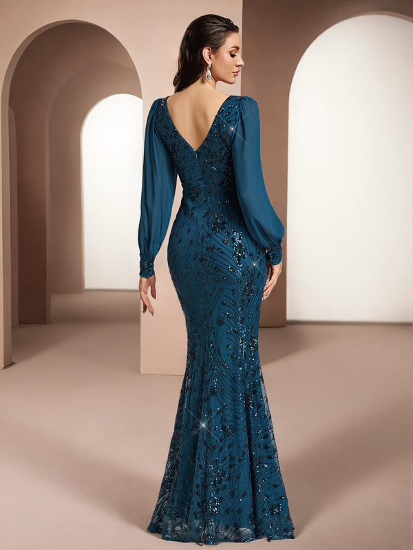 V-Neck Long-Sleeve Mesh Sequin Mermaid Evening Gown
