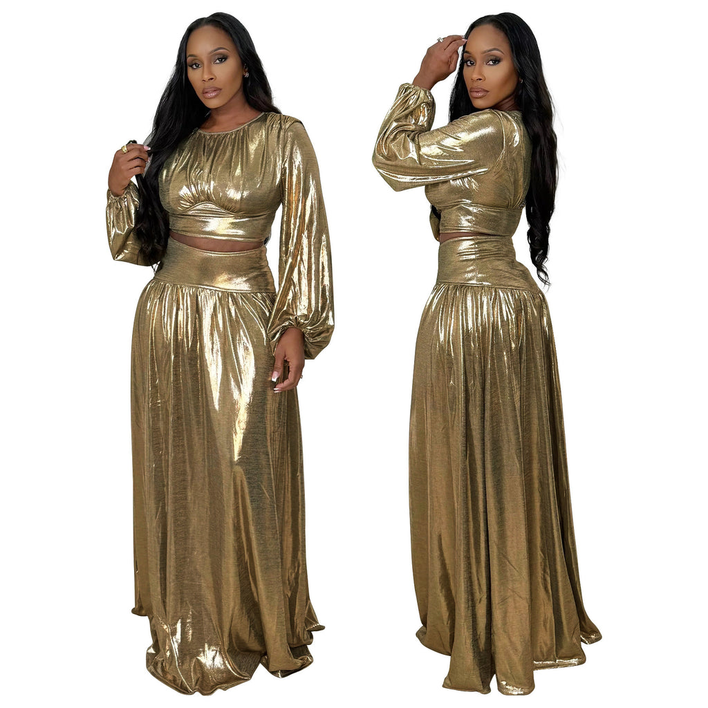 Round-Neck Lantern-Sleeve Flared Skirt Two-Piece Set