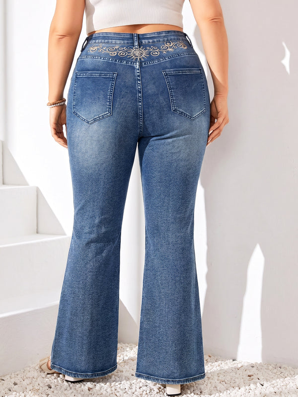 Plus Size Moon & Star Embroidered Stretch High Waist Denim Jeans