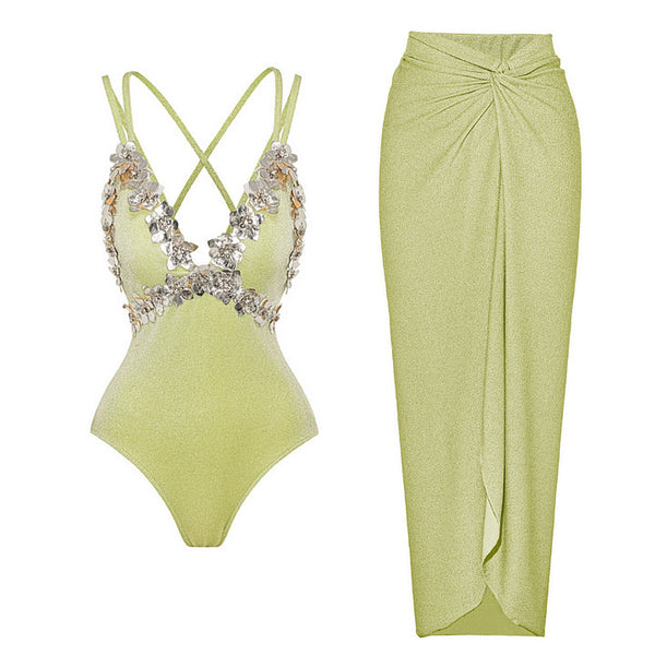Green Glitter One-Piece Swimsuit Set for Beachwear