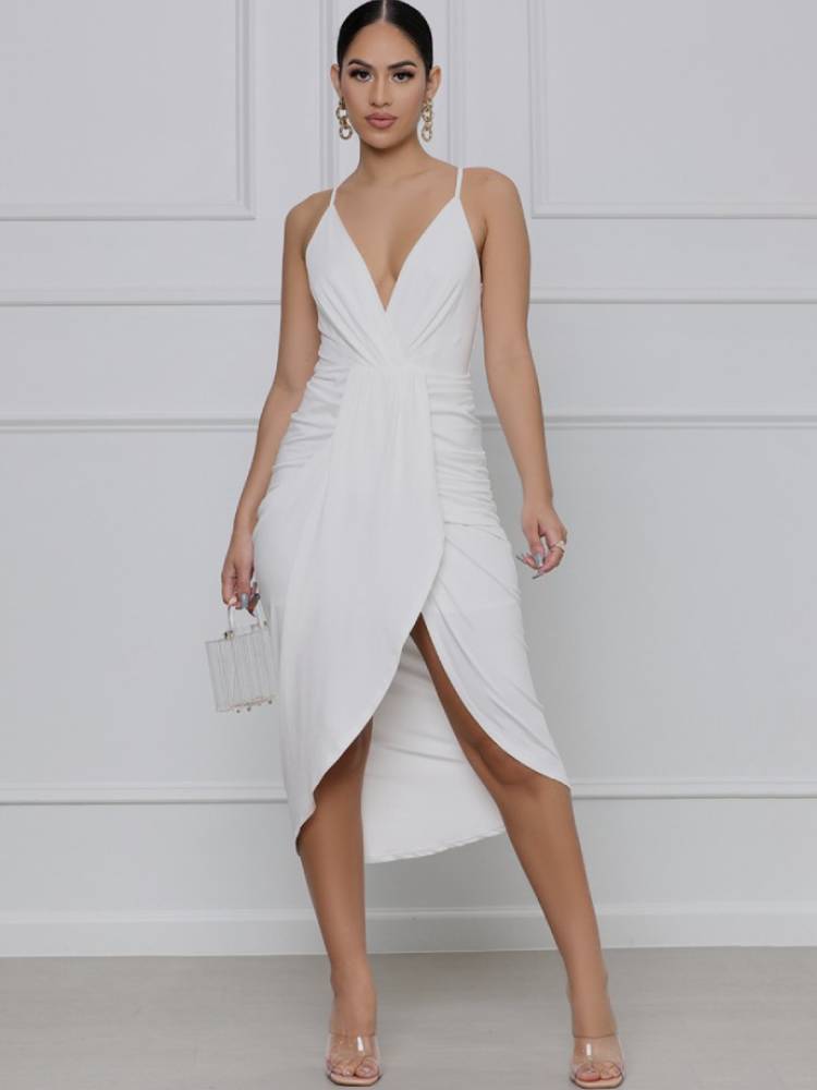 Backless Spaghetti Strap Ruched Midi Dresses Tiynon