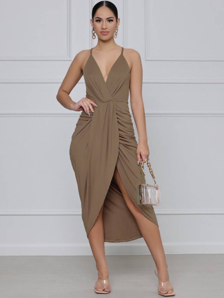 Backless Spaghetti Strap Ruched Midi Dresses Tiynon