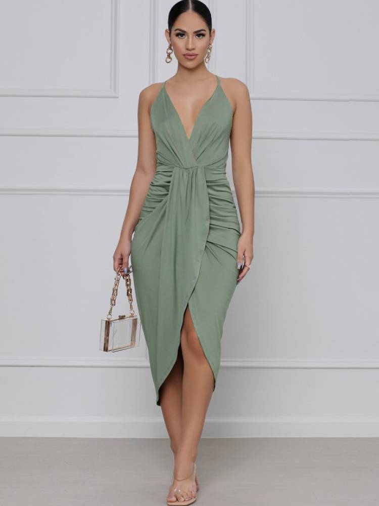 Backless Spaghetti Strap Ruched Midi Dresses Tiynon