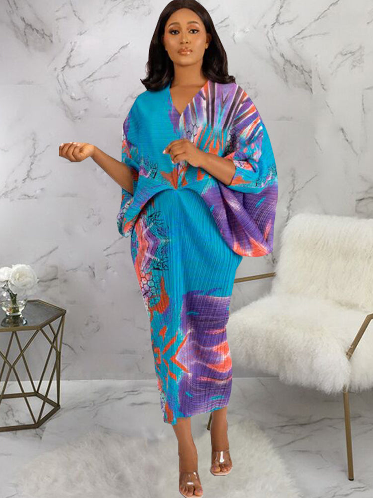 Bat Sleeve Floral Print Midi Dresses Tiynon