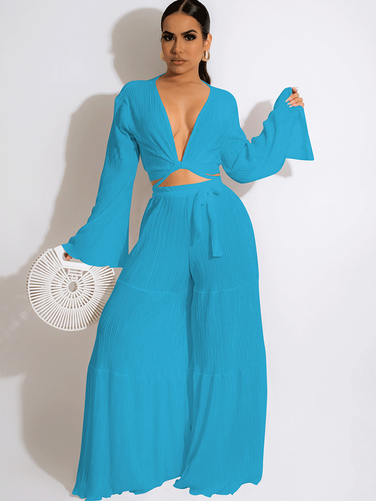 Bell Sleeves Crop Tops Wide Leg Pants Set Tiynon
