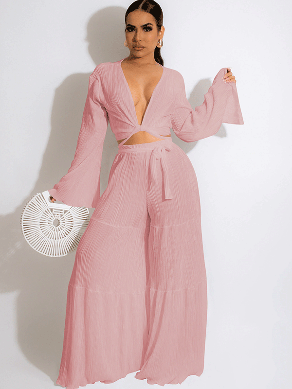 Bell Sleeves Crop Tops Wide Leg Pants Set Tiynon