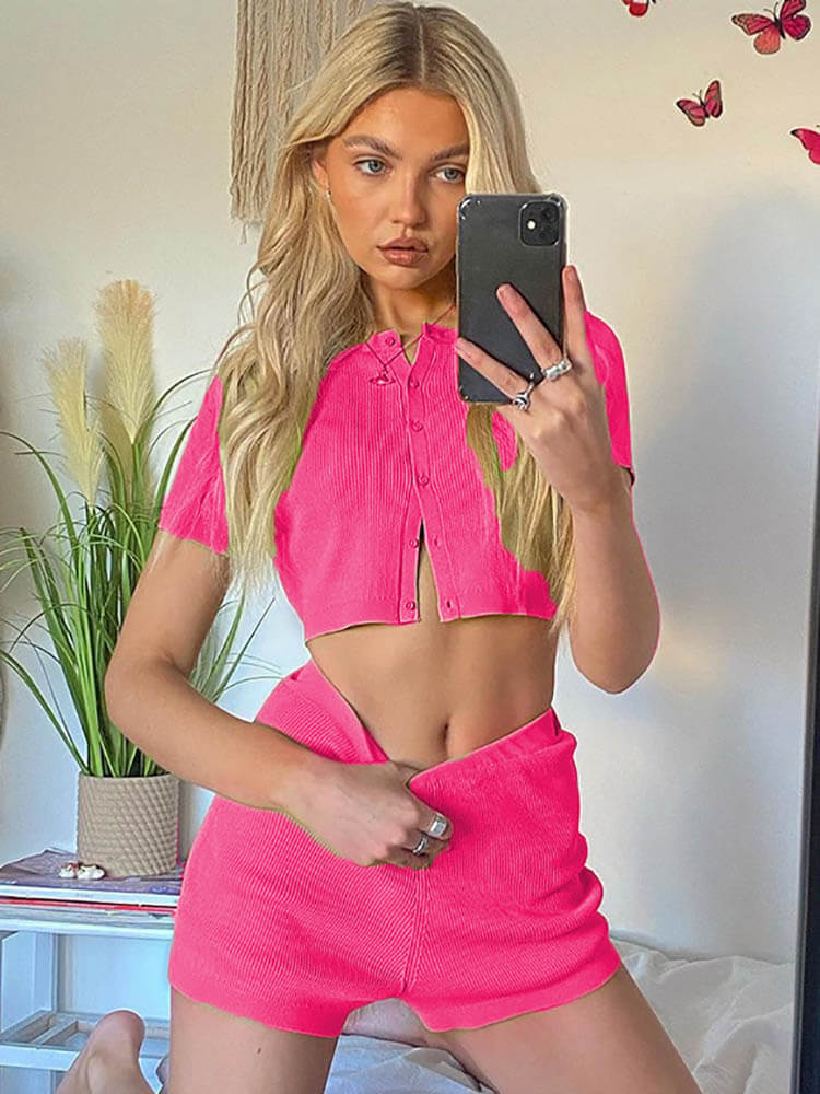 Button Down Crop Top & High Waist Shorts Tiynon