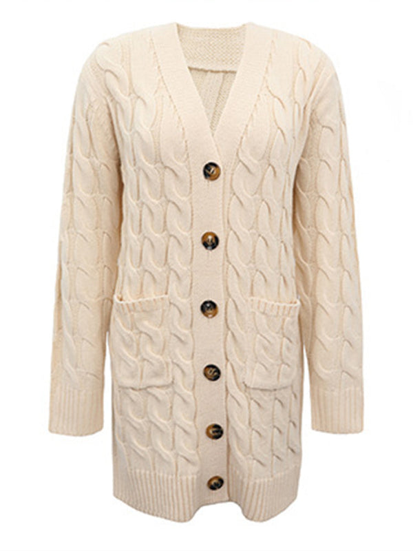 Cable Knit Long Cardigan Button Down Tops Tiynon