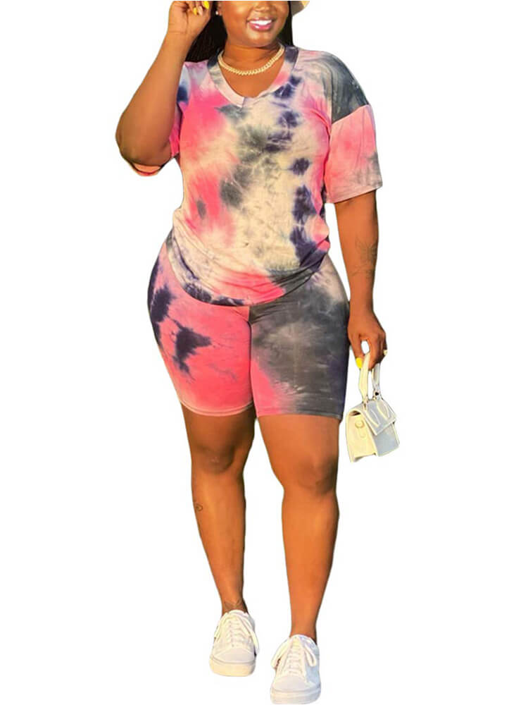 Casual Tie Dye Print Shirt & Bodycon Shorts Tiynon