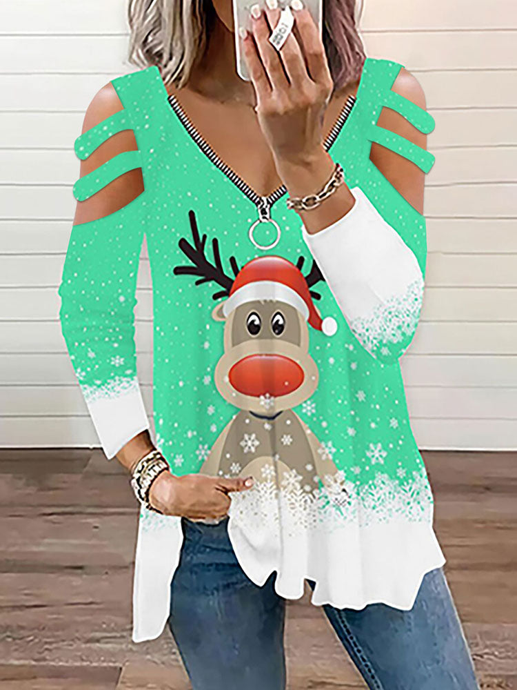 Christmas Plus Size Long Sleeves Elk Print Tops Tiynon