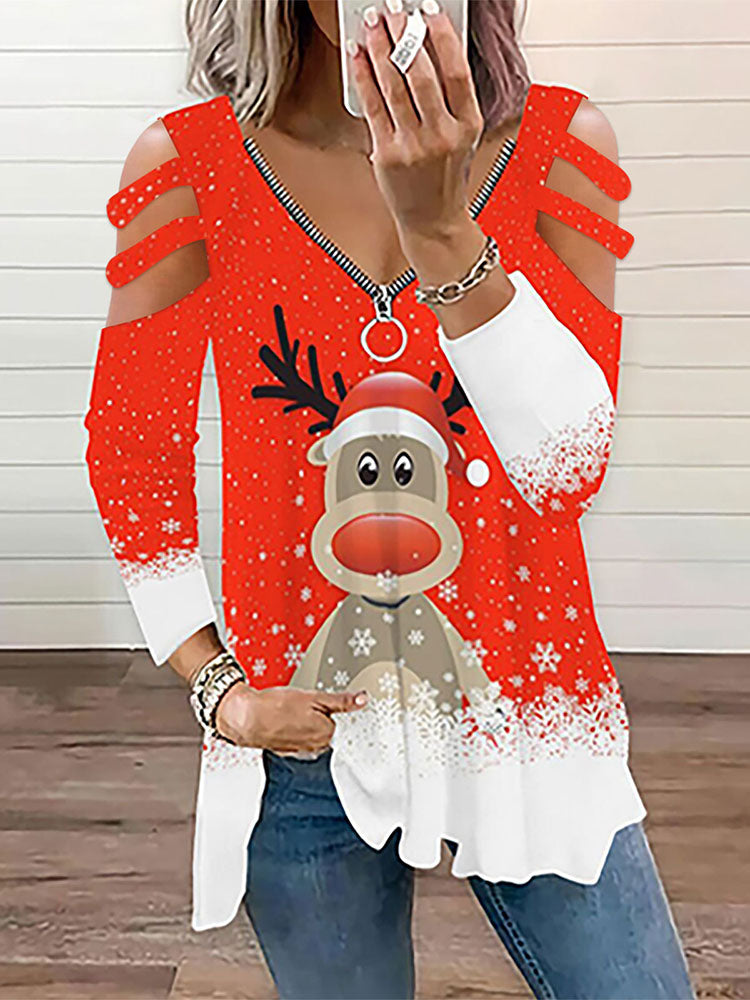 Christmas Plus Size Long Sleeves Elk Print Tops Tiynon