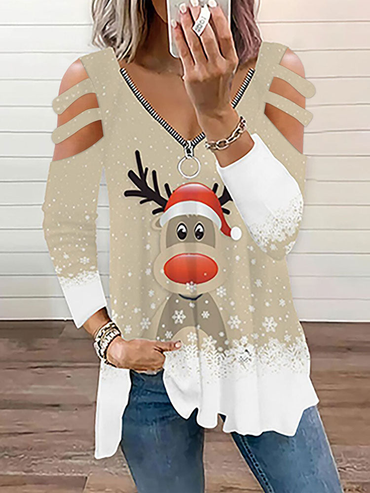 Christmas Plus Size Long Sleeves Elk Print Tops Tiynon