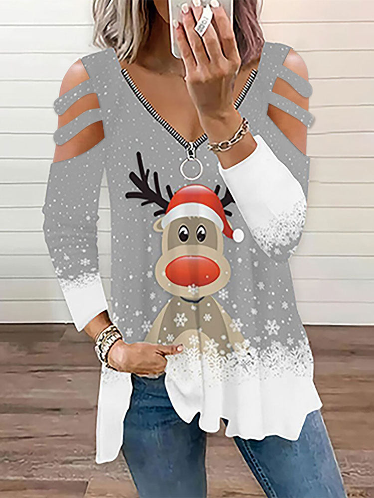Christmas Plus Size Long Sleeves Elk Print Tops Tiynon
