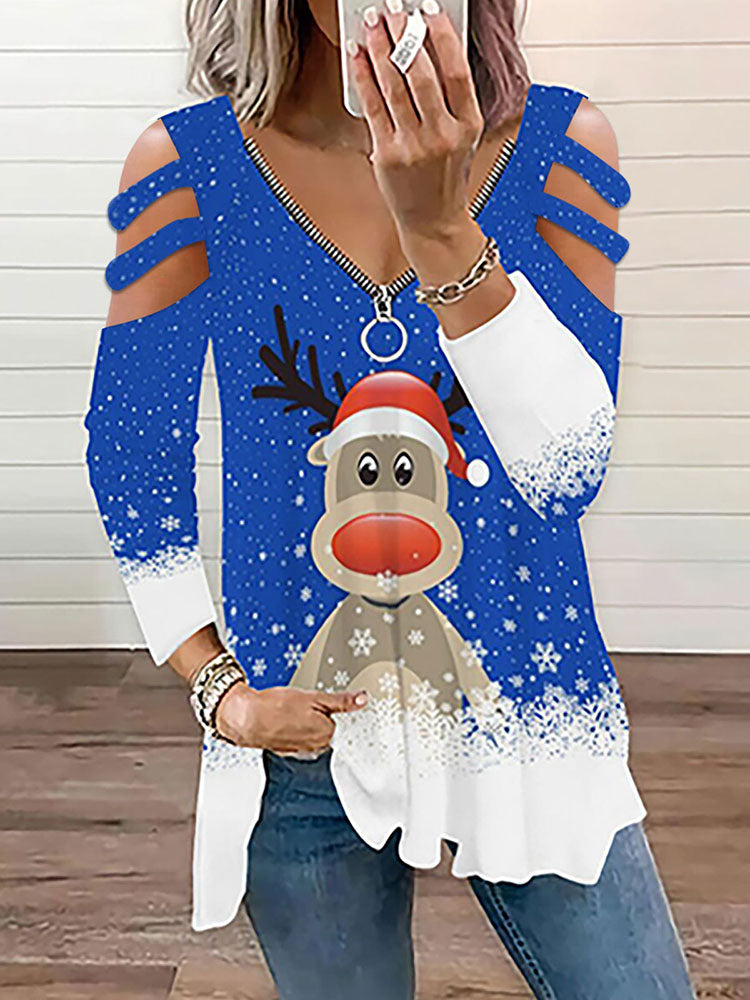 Christmas Plus Size Long Sleeves Elk Print Tops Tiynon
