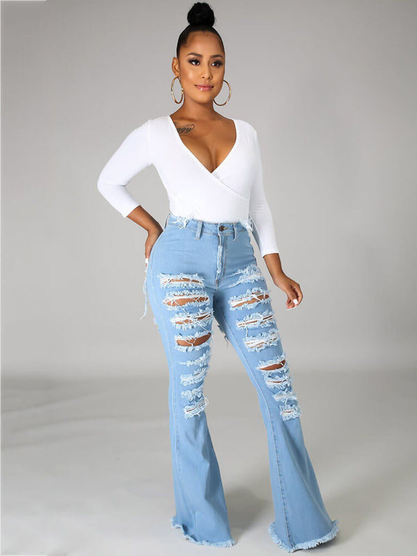 Classic Hole Distressed Flare Bell Bottom Denim Jeans Tiynon