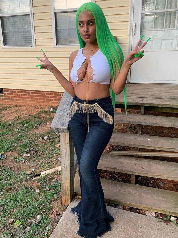 Classic Mid Waist Tassel Bell Bottom Jeans Tiynon