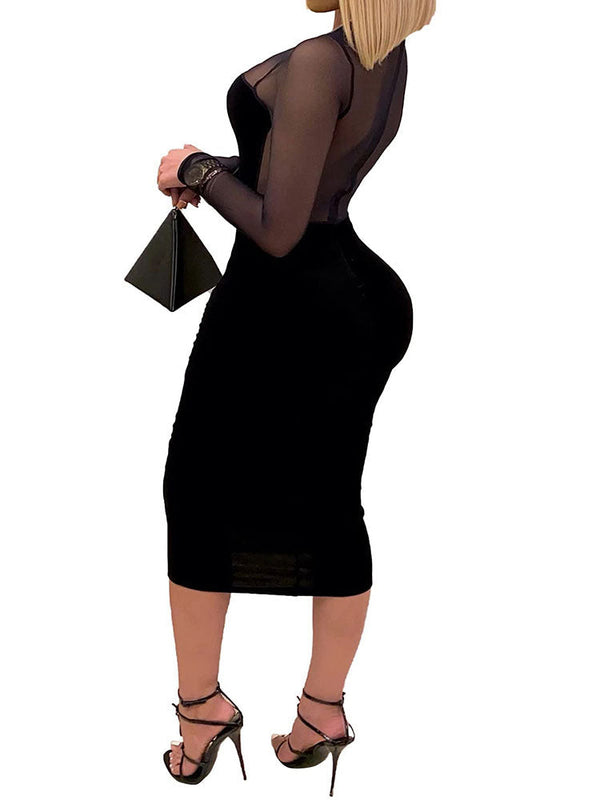 Crew Neck Patchwork Mesh Midi Dresses Tiynon