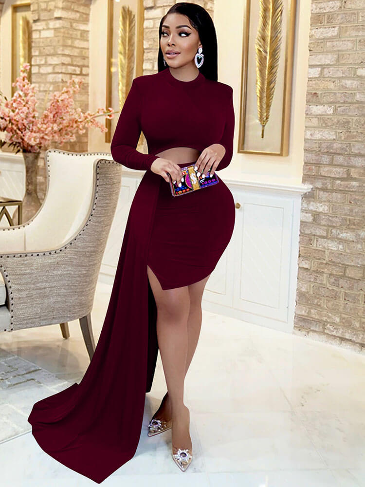 Cut Out Long Sleeve Split Midi Dresses Tiynon