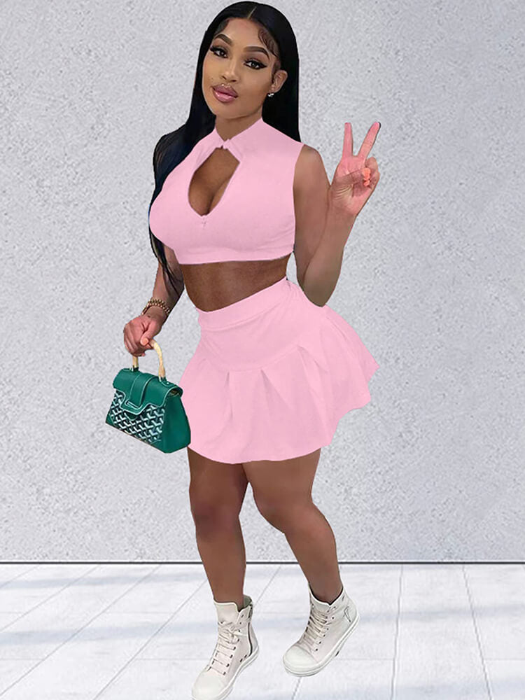Cut Out Tank Crop Top & Pleated Skirt Tiynon