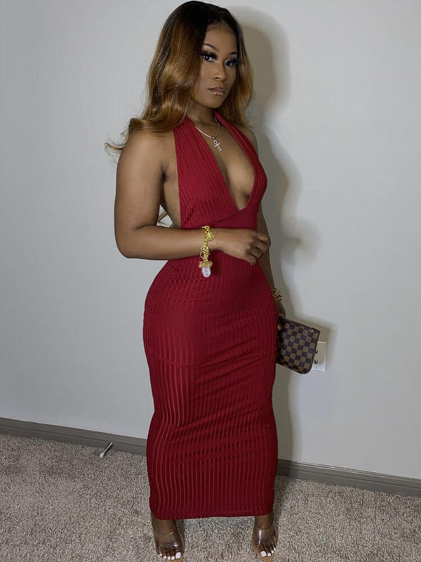 Deep V Neck Backless Ribbed Maxi Dress Tiynon