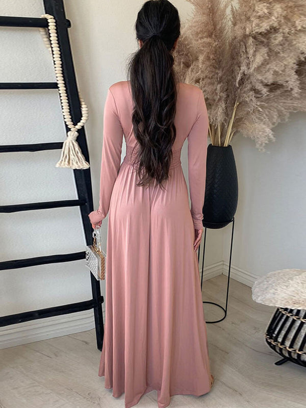 Deep V Neck Ruched Long Sleeve Slit Maxi Dress Tiynon