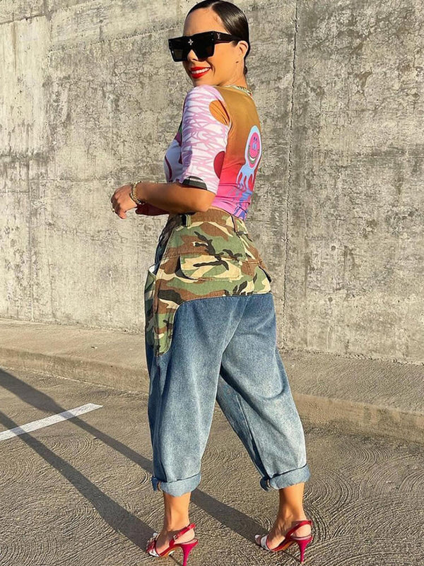 Denim Camouflage Color Block Bodycon Pants Tiynon