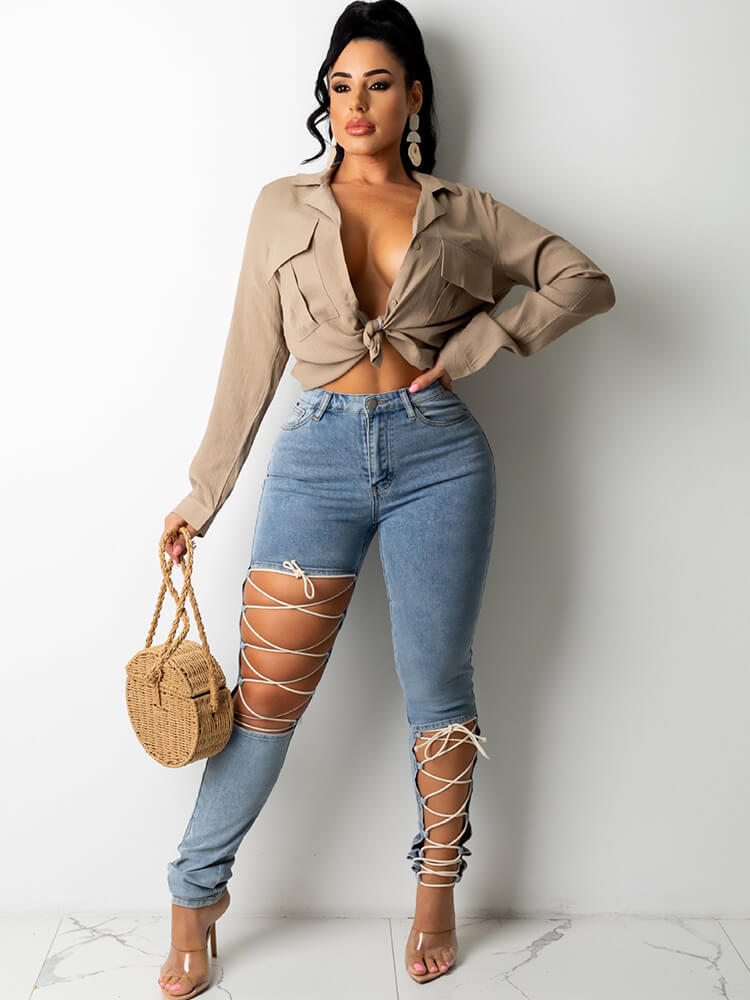 Denim High Waist Lace Up Bodycon Jeans Tiynon